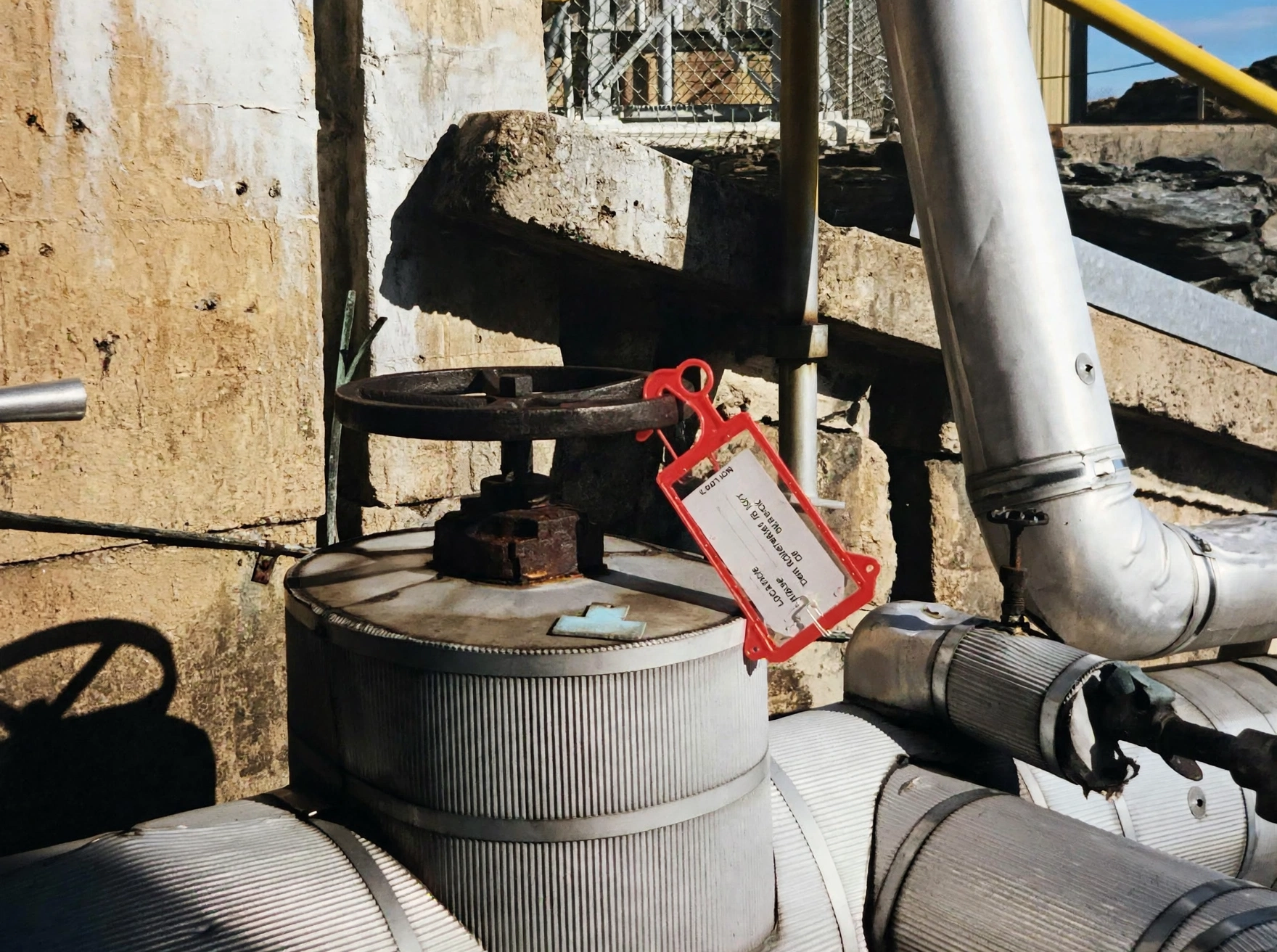 Orange Tag-Lok THO-3383 protective lockout/tagout holder securing a safety tag on industrial equipment in a dusty outdoor maintenance environment.
